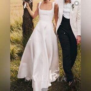 A-line, square neck modest wedding dress